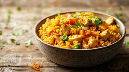 Wall Mural - A high-resolution image of a bowl of curry fried rice with visible chunks of chicken, vegetables, and a dusting of curry powder, set against a rustic wooden table.