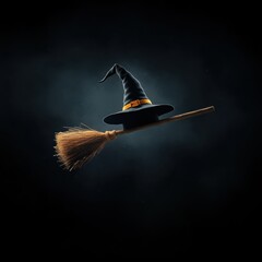 A mystical witch hat resting on a broom, evoking a sense of magic and enchantment in the dark ambiance.