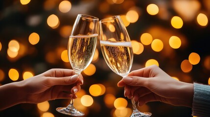 Two hands with glasses of champagne wine clink against blurred golden lights. Festive background and celebration concept