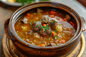 Wall Mural - A bowl of soup with meat and vegetables in it