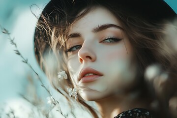 Close up portrait of woman with green eyes and long hair, looking directly at camera