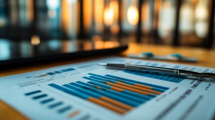 Aufkleber - A high-resolution image of a financial report featuring multiple bar charts with detailed performance metrics, placed on a desk with business documents and a pen.