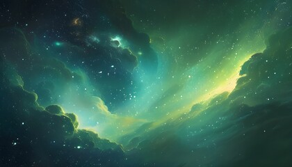 Stunning cosmic scenery featuring a vibrant green nebula amidst a stellar backdrop