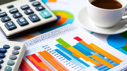 Poster - A high-resolution image of a financial report featuring colorful bar charts and graphs, placed on a desk with a calculator, notepad, and a cup of coffee.
