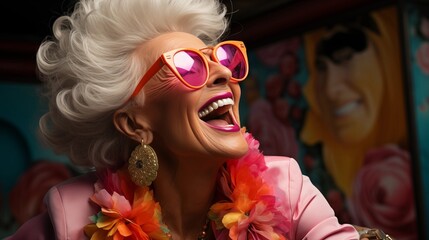 A jubilant senior woman, dressed in a colorful neon outfit, dons quirky sunglasses and showcases her extravagant style while sharing laughter and smiles in a birthday photoshoot