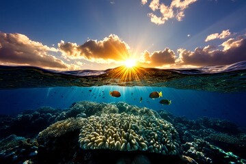 Calming coral reef glowing in the sunlight, with fish gently swimming through the peaceful waters