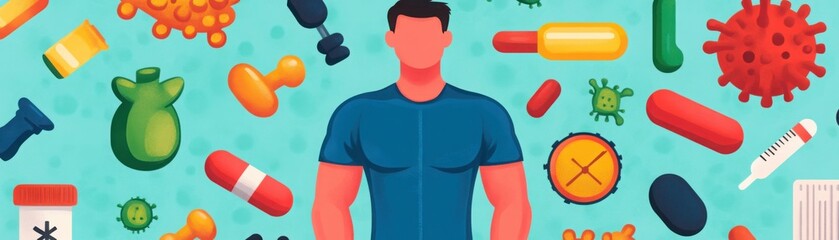 Wall Mural - Immune system icons with fitness gear, healthy living symbols, flat design illustration