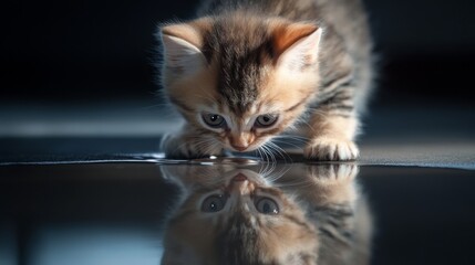 Wall Mural - A high-resolution image of a kitten tentatively playing with a small puddle of water on the floor, with its reflection visible and a sense of curiosity.