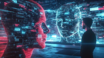 A Man Observing Two Digital Heads Constructed of Binary Code