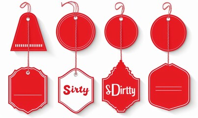 Set of red flat stickers, banners and tags for sale with text 