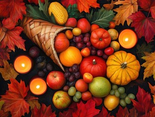 Wall Mural - A Thanksgiving cornucopia filled with vibrant produce, surrounded by glowing candles and fall leaves, symbolizing gratitude and abundance