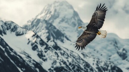 Poster - Majestic Eagle Soaring Above Snow-Capped Mountains