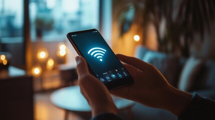 Aufkleber - A high-resolution image of a person holding a smartphone with a Wi-Fi signal icon visible on the screen, with a home or office setting in the background.