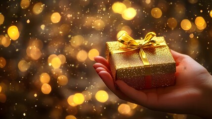 Wall Mural - Gift Box in Hand with Glittering Background: A hand holding a gift box, with a sparkling, glittering background that adds a festive atmosphere. 
