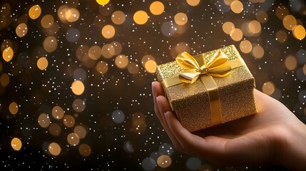 Gift Box in Hand with Glittering Background: A hand holding a gift box, with a sparkling, glittering background that adds a festive atmosphere. 
