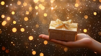 Wall Mural - Gift Box in Hand with Glittering Background: A hand holding a gift box, with a sparkling, glittering background that adds a festive atmosphere. 
