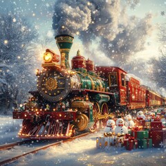 A train with a red engine and green carriages is pulling a train full of snowmen