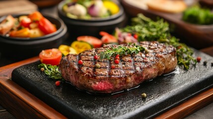 Poster - A high-resolution image of a sizzling steak on a hot stone plate, surrounded by colorful side dishes and garnished with herbs and spices, in a stylish restaurant.