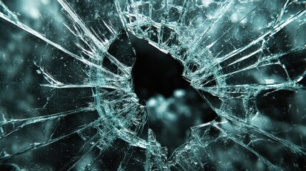 Detailed close-up of a spider's web broken glass with a central hole