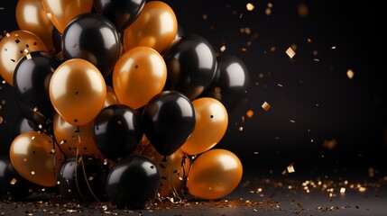 Background for a 50 years birthday, golden wedding anniversary, golden numbers on a black background. Golden and black balloons. Golden numbers. Party invitation, menu.