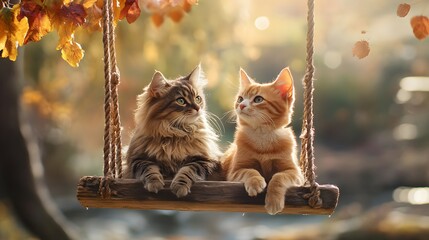 Cat and Dog on a Swing: A cat and dog sitting together on a swing, enjoying a gentle sway. 
