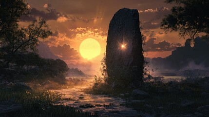 Canvas Print - A Large Stone Monolith at Sunset in a Mystical Landscape