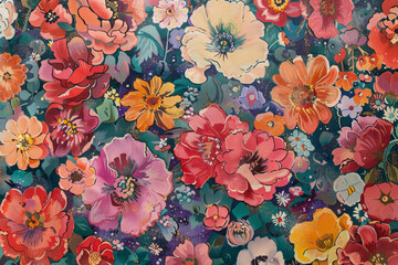 Wall Mural - A colorful floral painting with a variety of flowers in different shades of pink