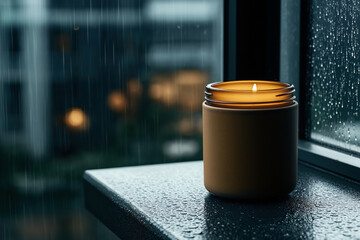 Sticker - A lit candle in a brown glass jar sits on a wet windowsill, with raindrops visible on the window pane and a blurred urban background, creating a cozy and serene atmosphere.