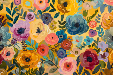 Wall Mural - A painting of a field of flowers with a yellow background