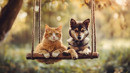 Cat and Dog on a Swing: A cat and dog sitting together on a swing, enjoying a gentle sway. 
