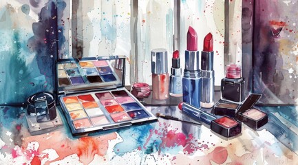 Watercolor illustration of various makeup products on the table, such as lipsticks and eye shadows. The colors should be vibrant with splashes of watercolour to add depth and texture. A window is in v