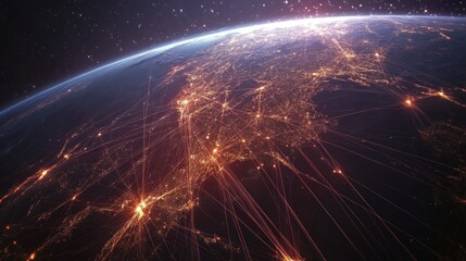 Poster - Earth at Night with Interconnected Cities and Red Lines