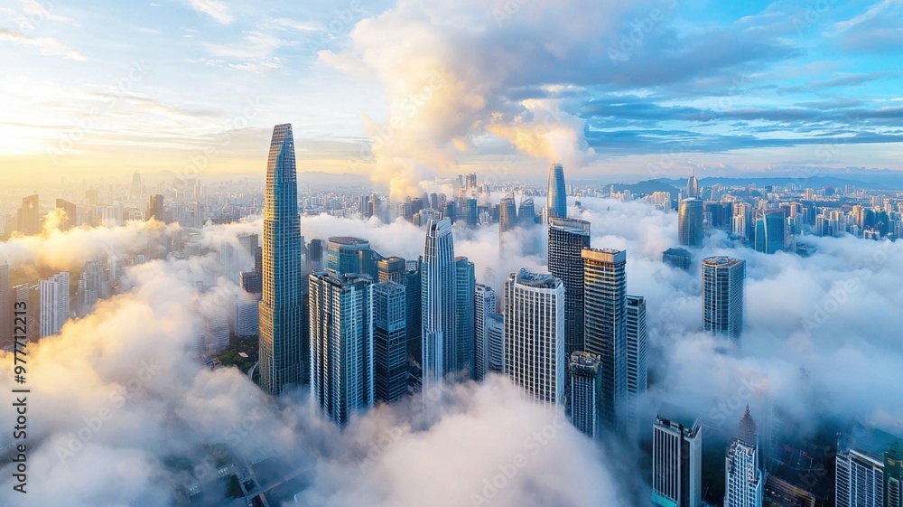 A stunning aerial view of modern city skyline emerging from clouds at ...