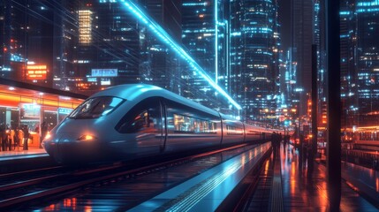Aufkleber - A high-speed train arriving at a busy urban station, with commuters boarding and city lights reflecting off the train's windows.