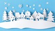 © Pannin - A paper cutout snow-covered village with houses and trees, leaving open space in the sky for seasonal greetings or designs.