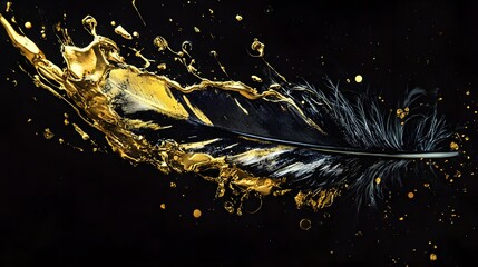 Wall Mural - Feather Ink Dip: A feather suspended in mid-air, dipped in gold and black ink, with the ink dripping and mixing in the air. 
