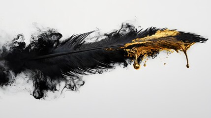 Wall Mural - Feather Ink Dip: A feather suspended in mid-air, dipped in gold and black ink, with the ink dripping and mixing in the air. 
