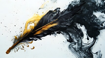 Wall Mural - Feather Ink Dip: A feather suspended in mid-air, dipped in gold and black ink, with the ink dripping and mixing in the air. 
