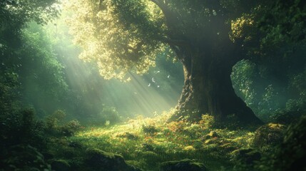 Poster - Majestic Ancient Tree Bathed in Sunbeams in a Lush Forest