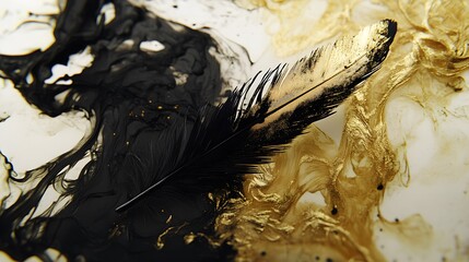 Wall Mural - Feather Ink Dip: A feather suspended in mid-air, dipped in gold and black ink, with the ink dripping and mixing in the air. 
