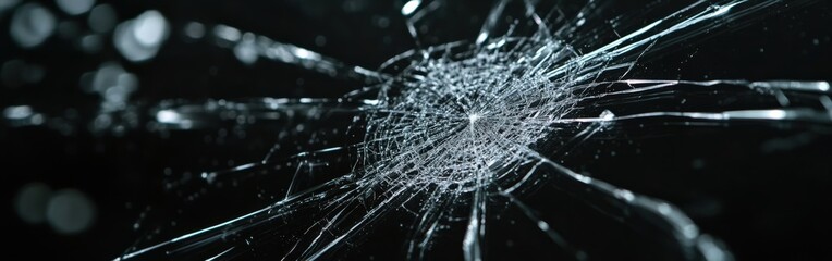 Detailed close-up of a spider's web broken glass with a central hole