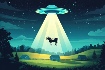 Wall Mural - Ufo is abducting a cow from a farm using a tractor beam at night