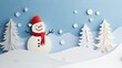 © Pannin - A winter wonderland paper cutout scene with a snowman, Christmas trees, and falling snow, leaving a wide blank area for copy or branding.