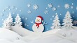 © Pannin - A winter wonderland paper cutout scene with a snowman, Christmas trees, and falling snow, leaving a wide blank area for copy or branding.