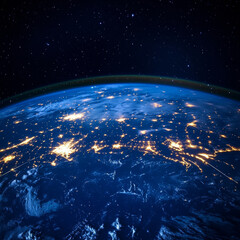 Earth at night from space with illuminated lines of communication and connectivity. Concept of business and finance. Global communication network and the World Wide Web. Technologies and connectivity.