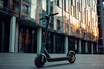 Poster - Modern electric scooter standing on an urban sidewalk with a backdrop of contemporary glass buildings and a sunset reflection, showcasing urban mobility and sleek design.