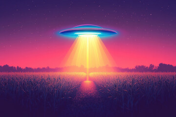 Wall Mural - Glowing alien spaceship is hovering over a cornfield at night, illuminating the crops below