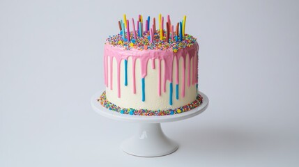 A modern drip cake with a colorful ganache drip and sprinkles, set against a plain white background to highlight the cake's fun and contemporary design.