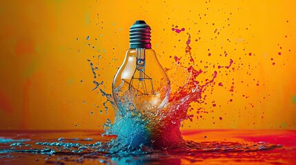 A light bulb is surrounded by a splash of water, creating a colorful