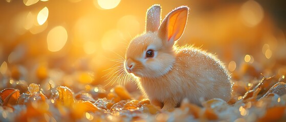 Wall Mural - Adorable bunny rabbit sitting in a field of golden leaves with the sun shining down on it.